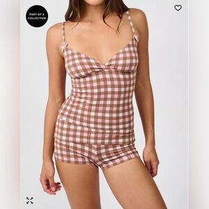 Who What Wear Women’s Gingham Camisole & Short Athleisure Set - Pink Brown
